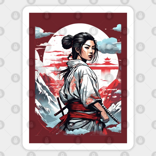 red samurai girl near mountains Sticker by defpoint